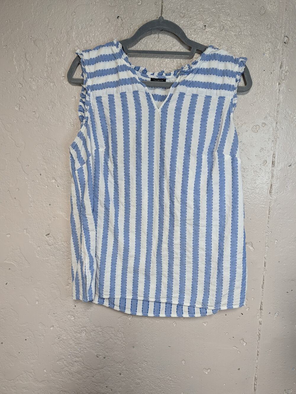 Talbots Plus Blue White Textured Stripe Cotton Ruffle Sleeveless Top